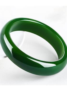 新疆和田玉色碧玉镯子老坑料冰底手镯菠菜绿女款玉石扁条手镯精品