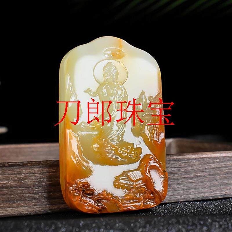新疆和田玉籽料山水意境观音玉牌吊坠精雕玉器观音菩萨平安牌挂件