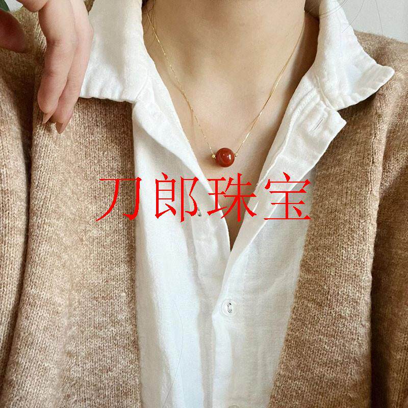 南红玛瑙圆珠吊坠玉石路路通锁骨链本命年相思红豆转运珠镀银项链