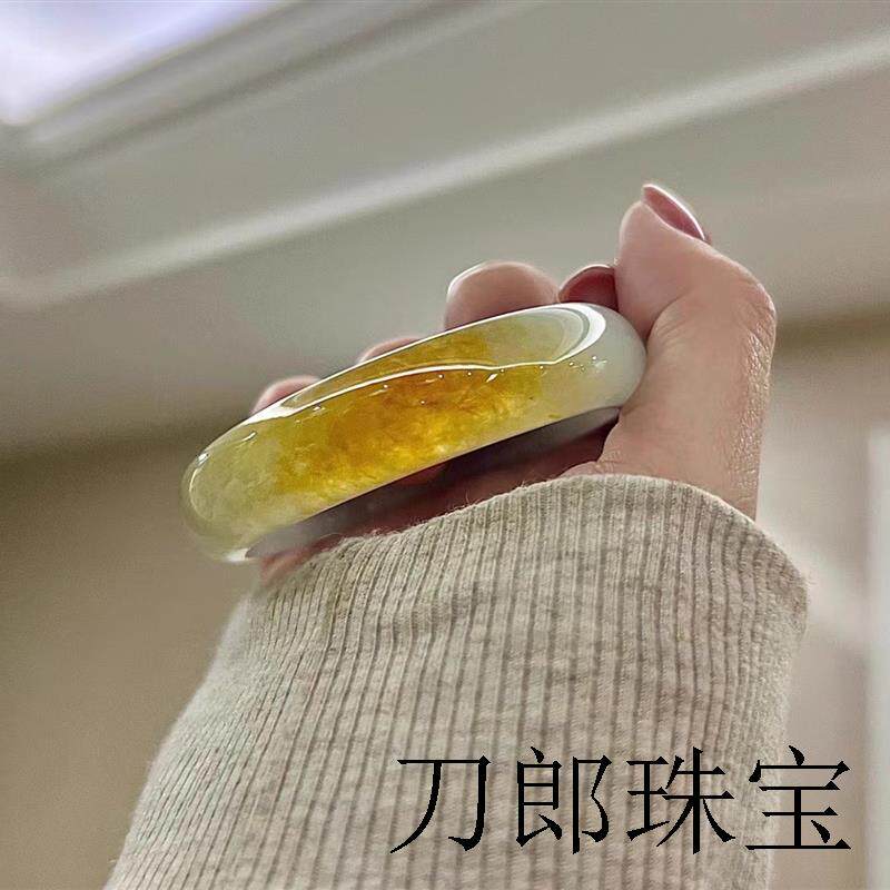 缅甸老坑翡翠色玉手镯黄翡翠手镯贵妃镯女冰种玉石黄色玉石镯子