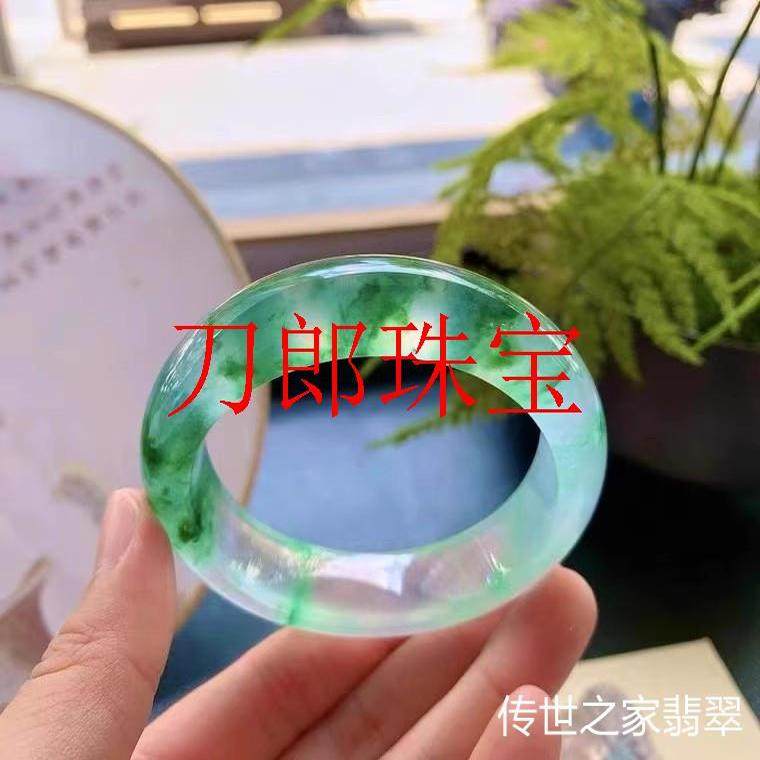 缅甸翡翠色手镯冰种阳绿飘花玉手镯莫奈花园半山半水贵妃镯子女款