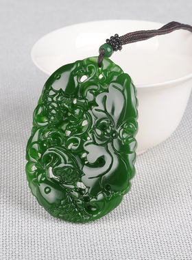 新疆和田玉碧玉金鱼莲花挂件如意玉牌菠菜绿年年有余玉吊坠毛衣链