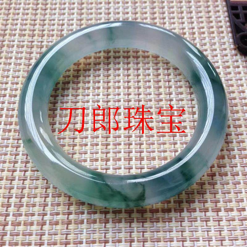 高冰飘蓝花翡翠色手镯缅甸精品胖圆条飘花玉镯子冰透复古绿贵妃镯