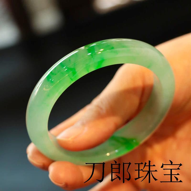 缅甸翡翠手镯女冰种阳绿扁条老坑绿飘花糯冰春彩玉石镯子精品手饰