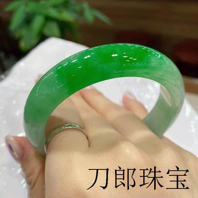 正阳绿玉镯子圆条手饰品飘绿飘花贵妃镯冰糯种女款缅甸翡翠色手镯