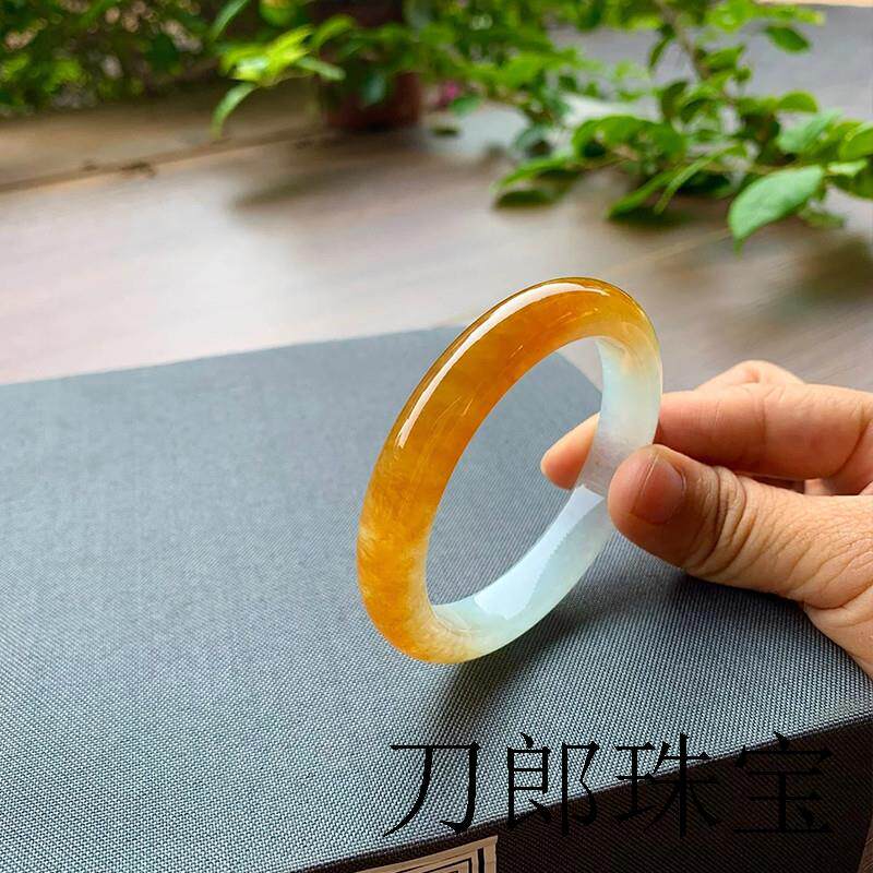 缅甸高档翡翠手镯冰种黄翡色正圈冰糯种处理鸡油黄玉镯子女款证书