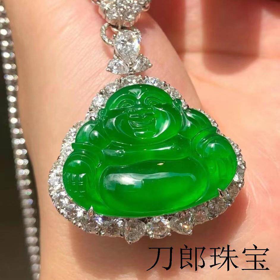 缅甸翡翠色玉佛公吊坠冰种弥勒佛挂件帝王绿女款镶嵌款笑佛玉吊坠