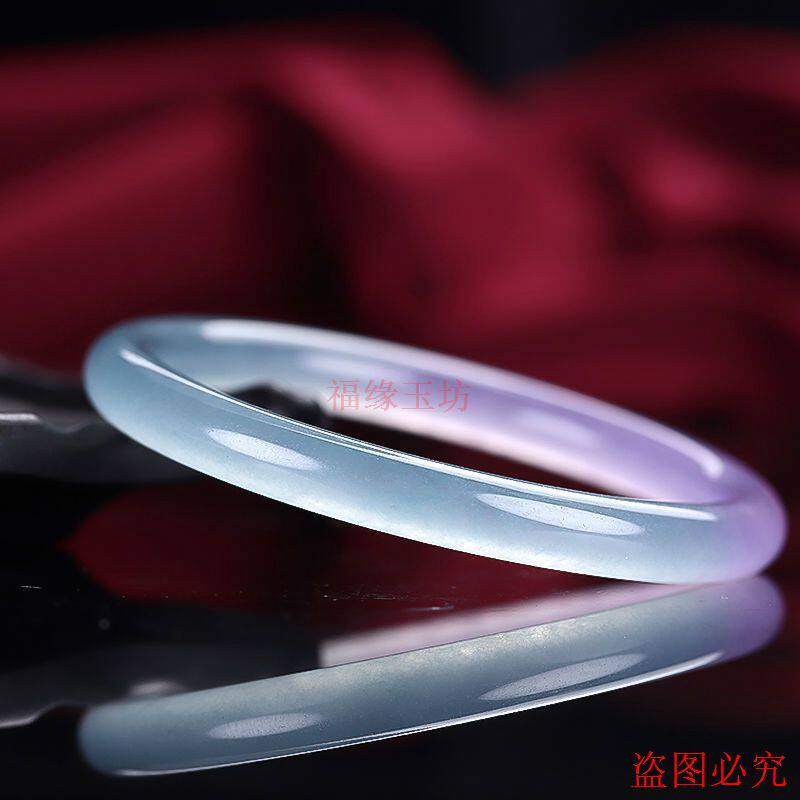 高端缅甸翡翠色冰透飘花库里蓝底飘紫花细圆条叮当美人镯女款饰品