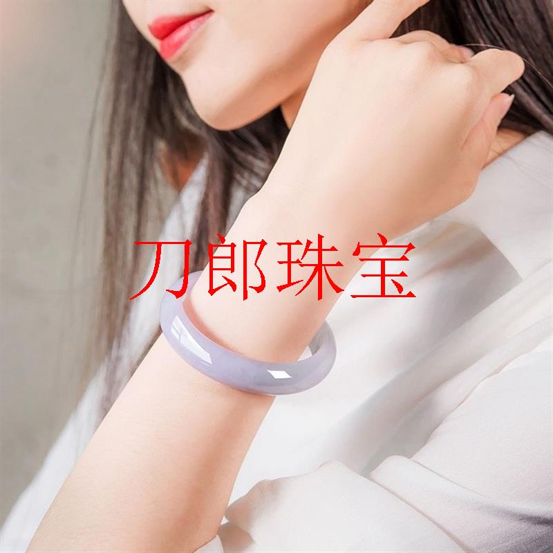 缅甸老坑翡翠色手镯冰糯种紫罗兰玉镯子浅紫色飘绿花圆条女款镯子
