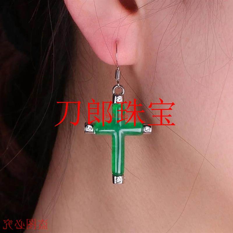 精品翡翠色高冰种满绿十字架玉石耳坠银饰镶嵌防过敏女款百搭耳饰