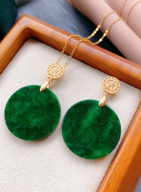 精选干青翡翠色玉石圆牌吊坠项链无事牌送礼浓绿贵气吸睛银饰镶嵌