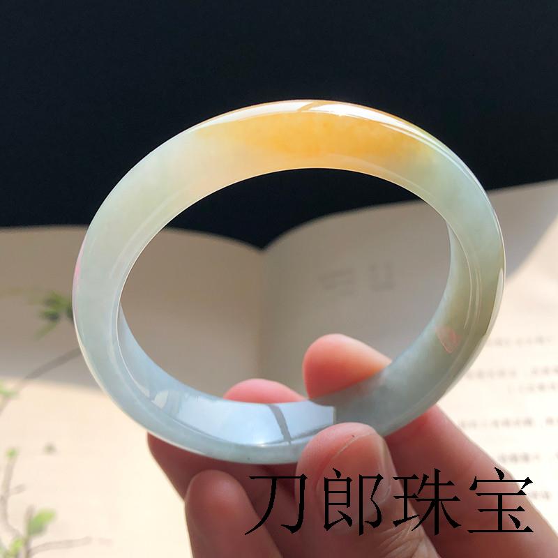 缅甸翡翠色手镯冰种黄翡玉石镯水润透飘花小圆镯饰品送妈妈送礼物