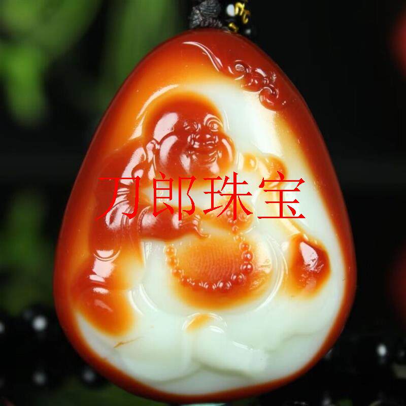 新疆和田玉佛公吊坠收藏级羊脂玉红沁皮籽料招财笑佛玉挂件男女款