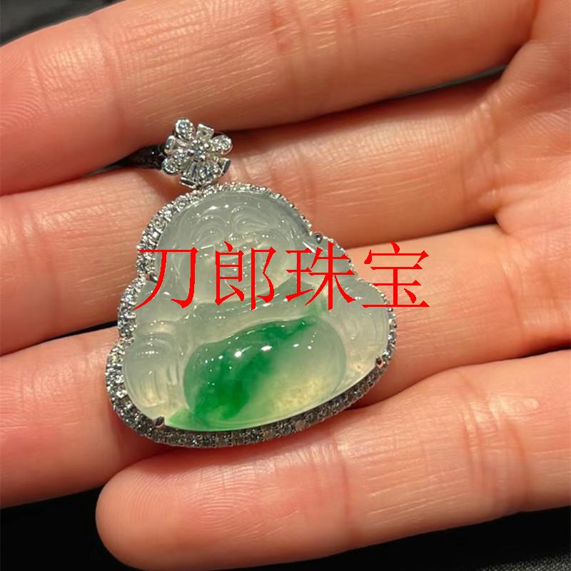 翡翠色冰糯种飘花玉佛吊坠银镶嵌玉佛公挂坠笑佛大肚佛玉坠子项链