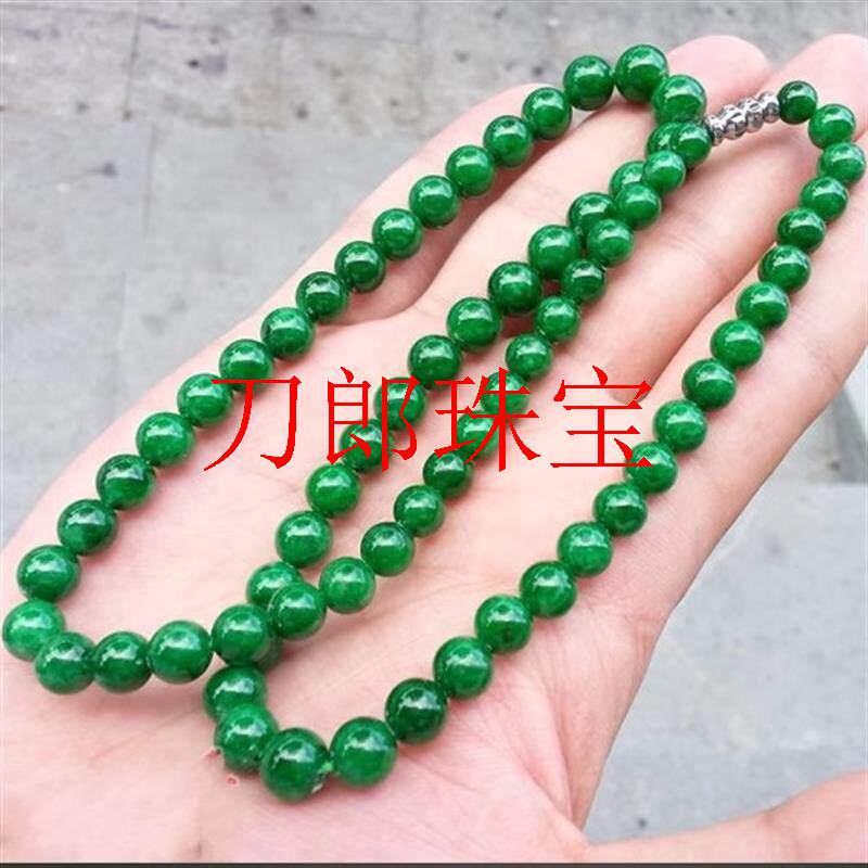 缅甸翡翠色干青满绿项链圆珠链