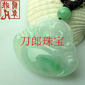 缅甸翡翠色凤禧飘花阳绿佛公吊坠冰糯种笑佛玉佛吊坠男女情侣同款