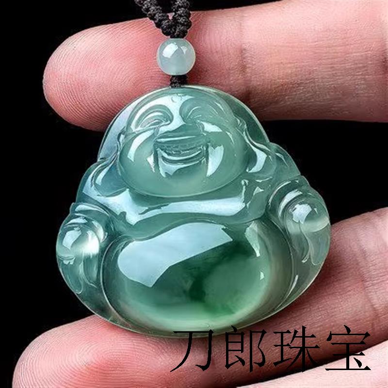 冰种翡翠色吊坠玉佛女浅绿飘花弥勒佛笑佛高端玉石项链挂件大肚佛