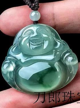 冰种翡翠色吊坠玉佛女浅绿飘花弥勒佛笑佛高端玉石项链挂件大肚佛