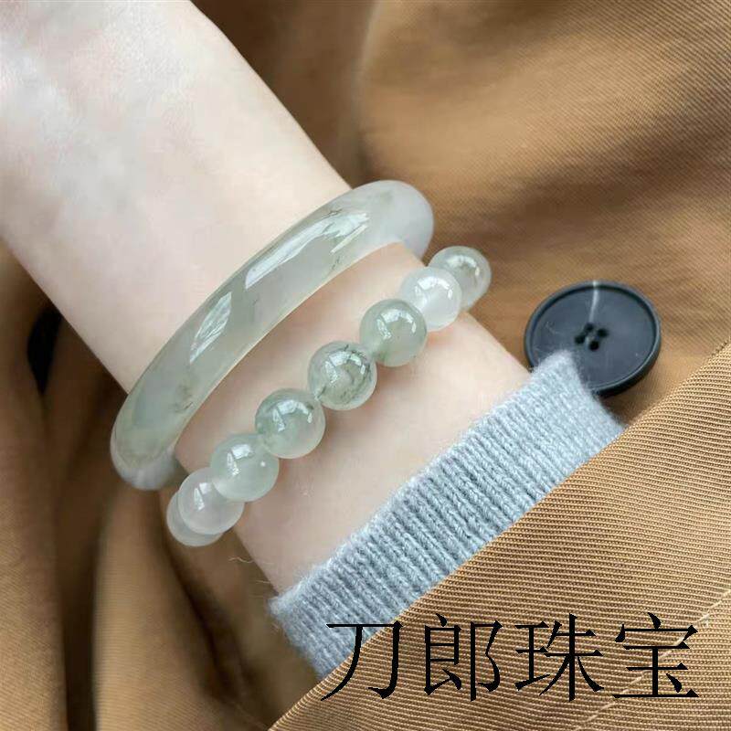 扁条手镯子旺夫镯半山半水翡翠玛瑙纯天然新疆天山翠冰翠金丝玉镯