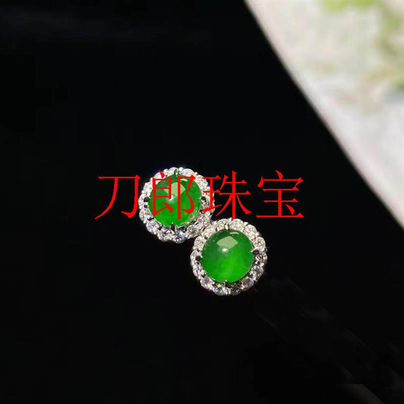 翡翠色玉石耳钉银饰镶嵌满绿蛋面耳钉冰糯种阳绿圆包女款耳饰送礼