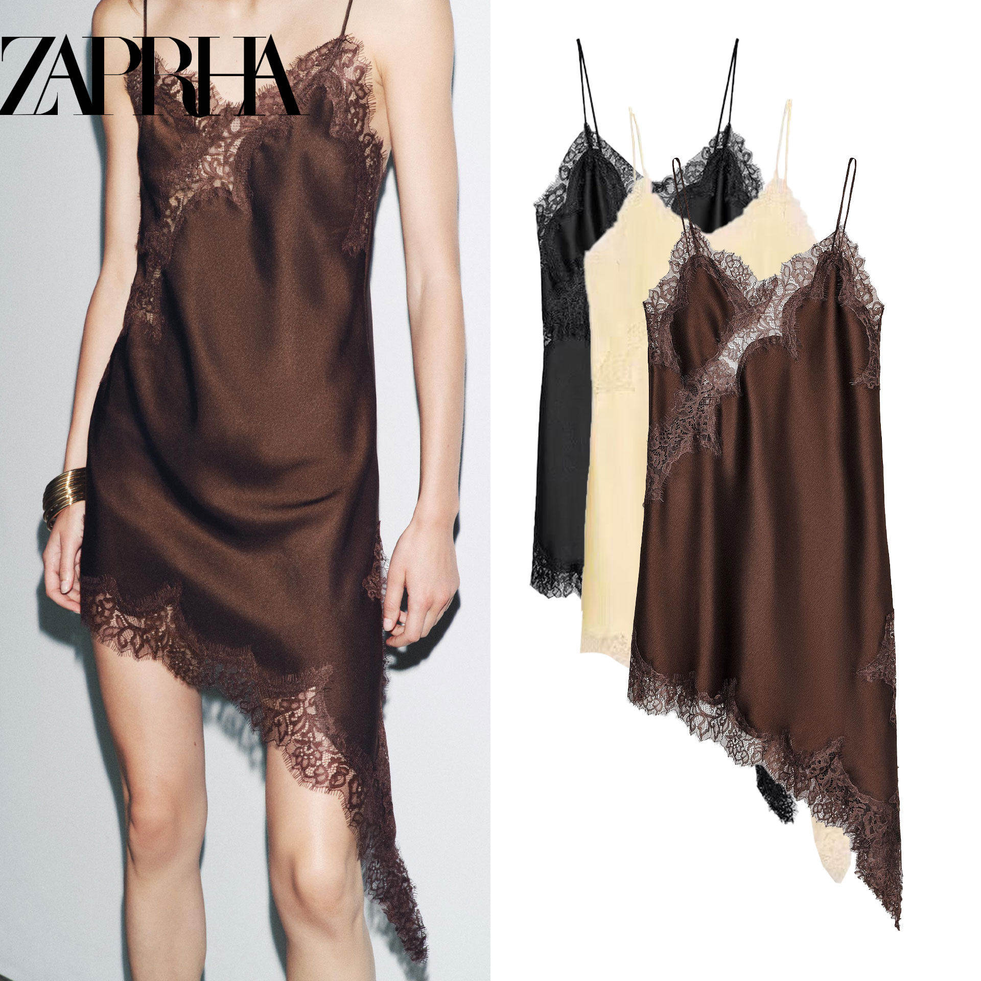 ZAPRHA 2025夏季新款性感风蕾丝V领无袖不对称吊带连衣裙5919200