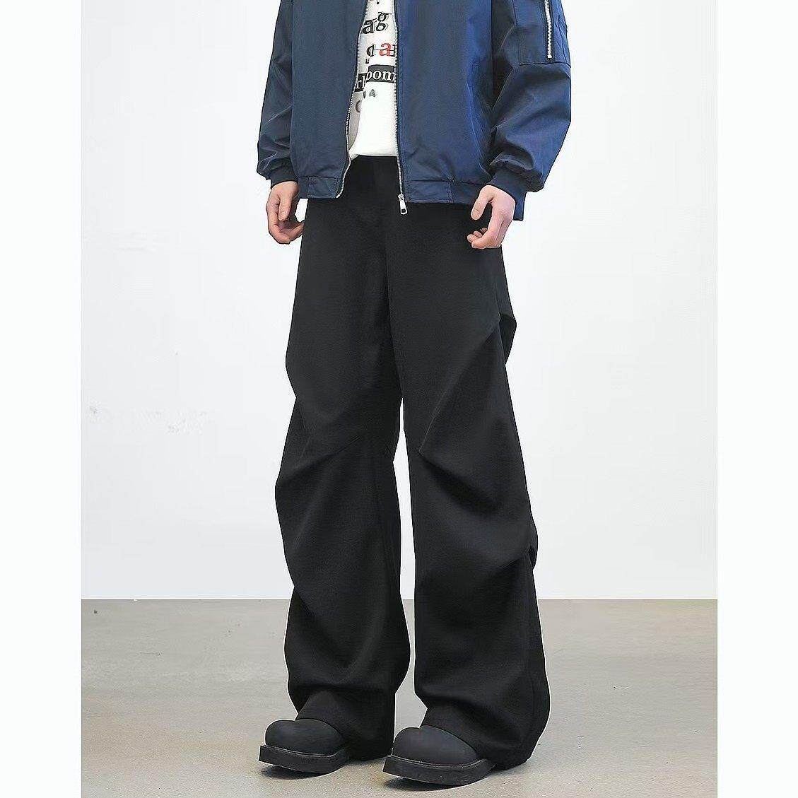 York Zoom春季美式宽松褶皱阔腿拖地微喇垂感休闲裤黑色西裤男款