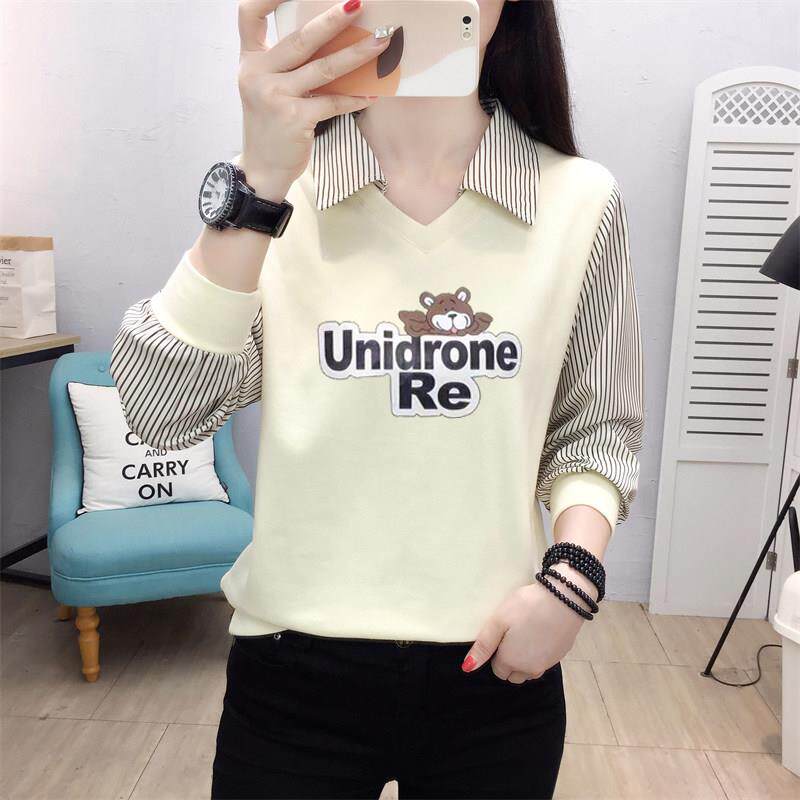 POLO领假两件纯棉卫衣女2026新款春装拼接宽松长袖T恤打底衫上衣