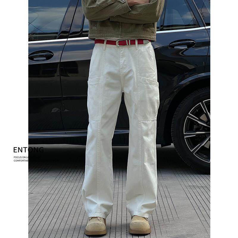 Entong潮牌拼接cleanfit牛仔裤子男款春秋季白色宽松直筒工装长裤