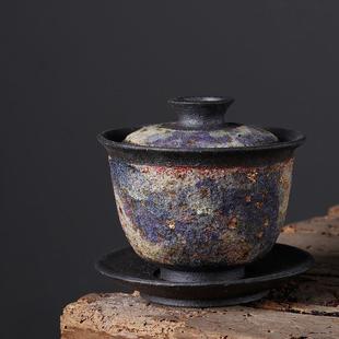 岩矿盖碗茶杯柴烧手作三才碗单个泡茶碗复古粗陶茶具可养 名家日式