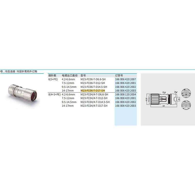 WAIN唯恩 M23-FC06-T-D17-SH 1660064202003 直式母头 圆形连接器