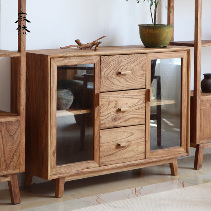 寂然 |侘寂风实木餐边柜客厅茶水柜茶室储物柜玻璃门收纳柜茶水柜