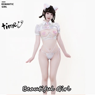 污喵社 炫彩漆皮兔女郎COS服连体衣女 三点式内衣套装 比基尼泳衣