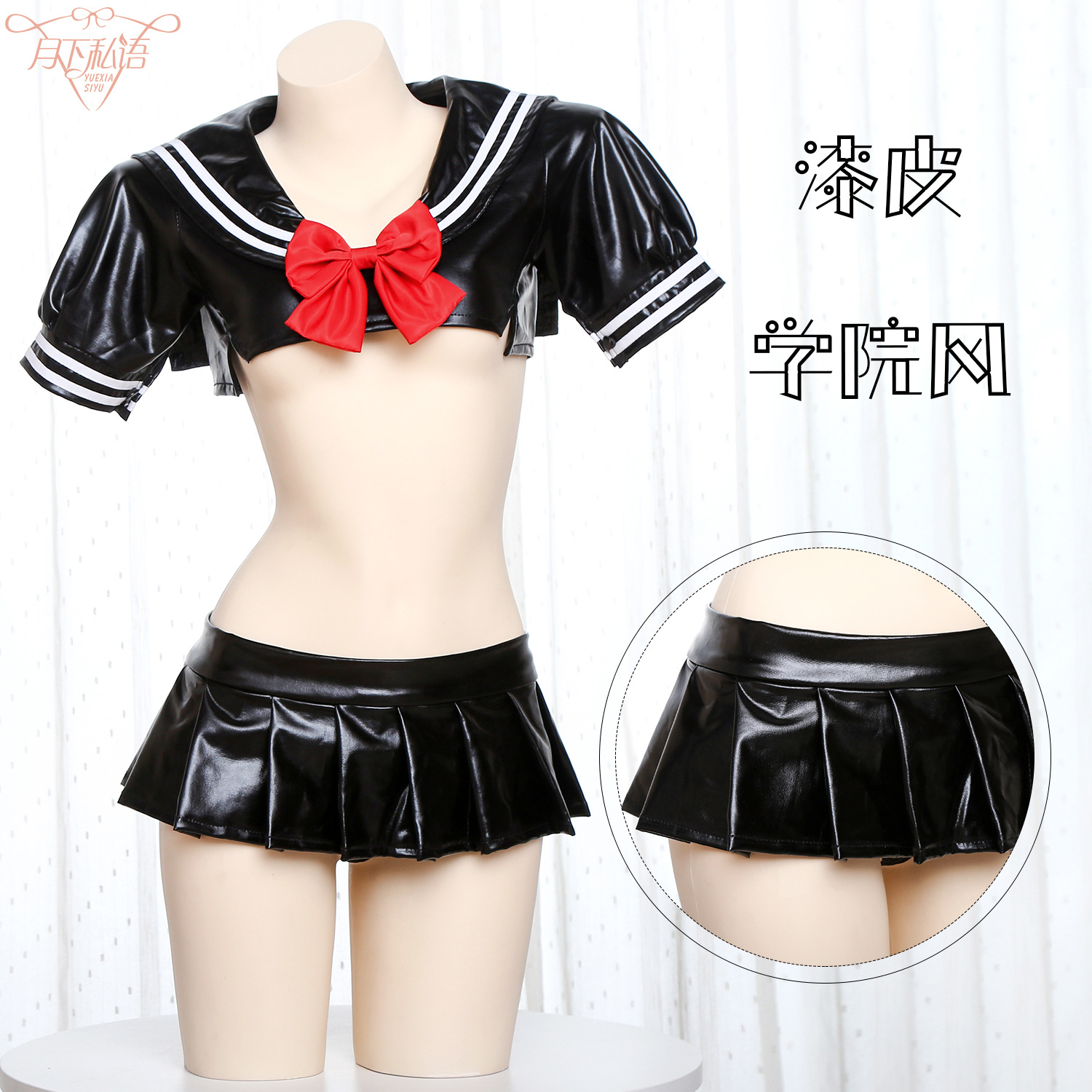 污喵社 漆皮JK制服 日系性感蝴蝶结露腰校服情趣睡衣 狗短百迭裙