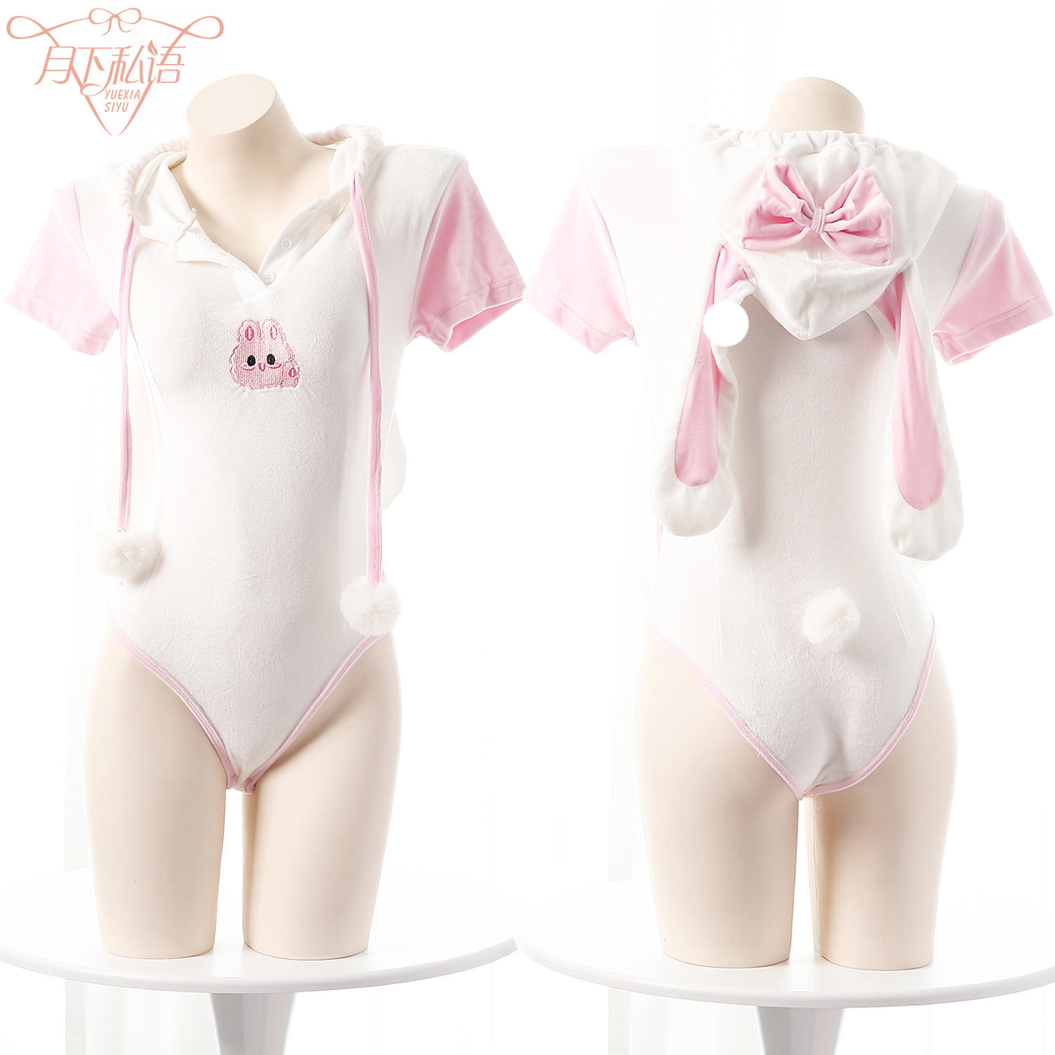 污喵社 日系可爱猫咪刺绣紧身连体内衣短袖连帽连体衣兔女郎cos服