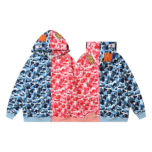 潮牌ins鲨鱼外套潮牌宽松刺绣连帽拉链卫衣夜光迷彩联名男女情侣