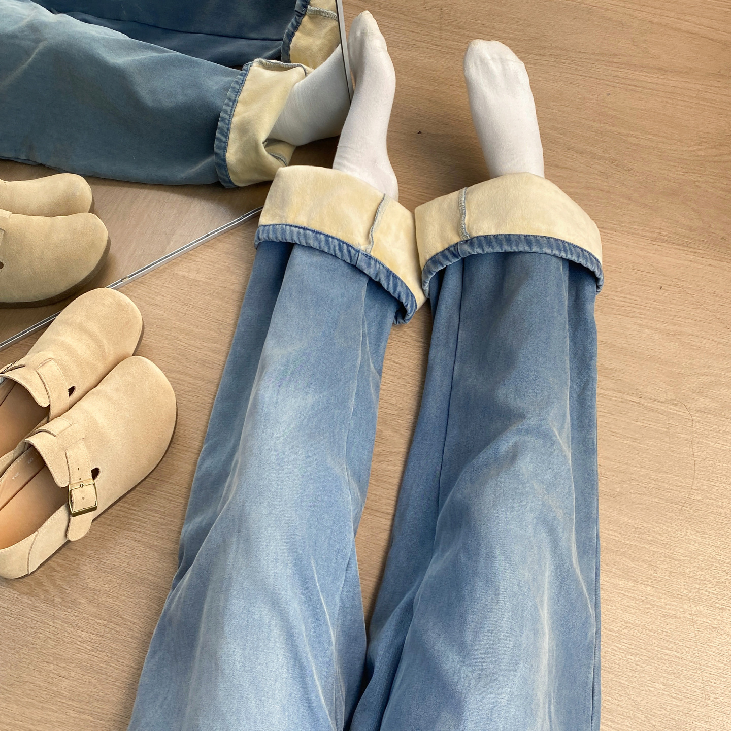 加绒直筒牛仔裤女秋冬2025新款小个子高腰加厚宽松垂感休闲阔腿裤