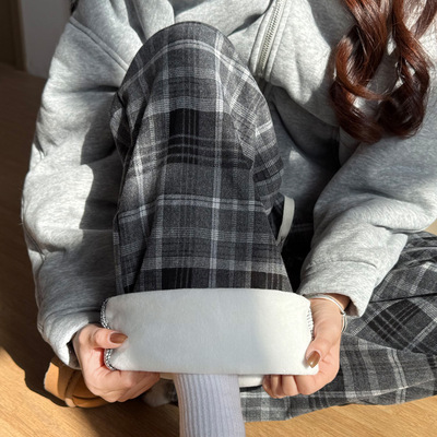 黑灰复古加绒格子裤子女秋冬季2025新款高腰宽松小个子休闲阔腿裤
