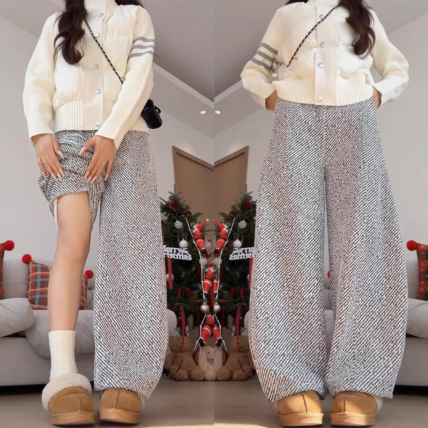 雪尼尔运动裤女秋冬季加绒高腰宽松休闲慵懒风小个子弯刀阔腿裤子