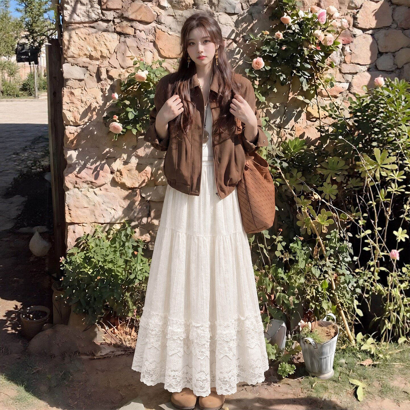 白色蕾丝蛋糕裙女2026新款秋季小个子高腰a字长裙毛绒针织半身裙