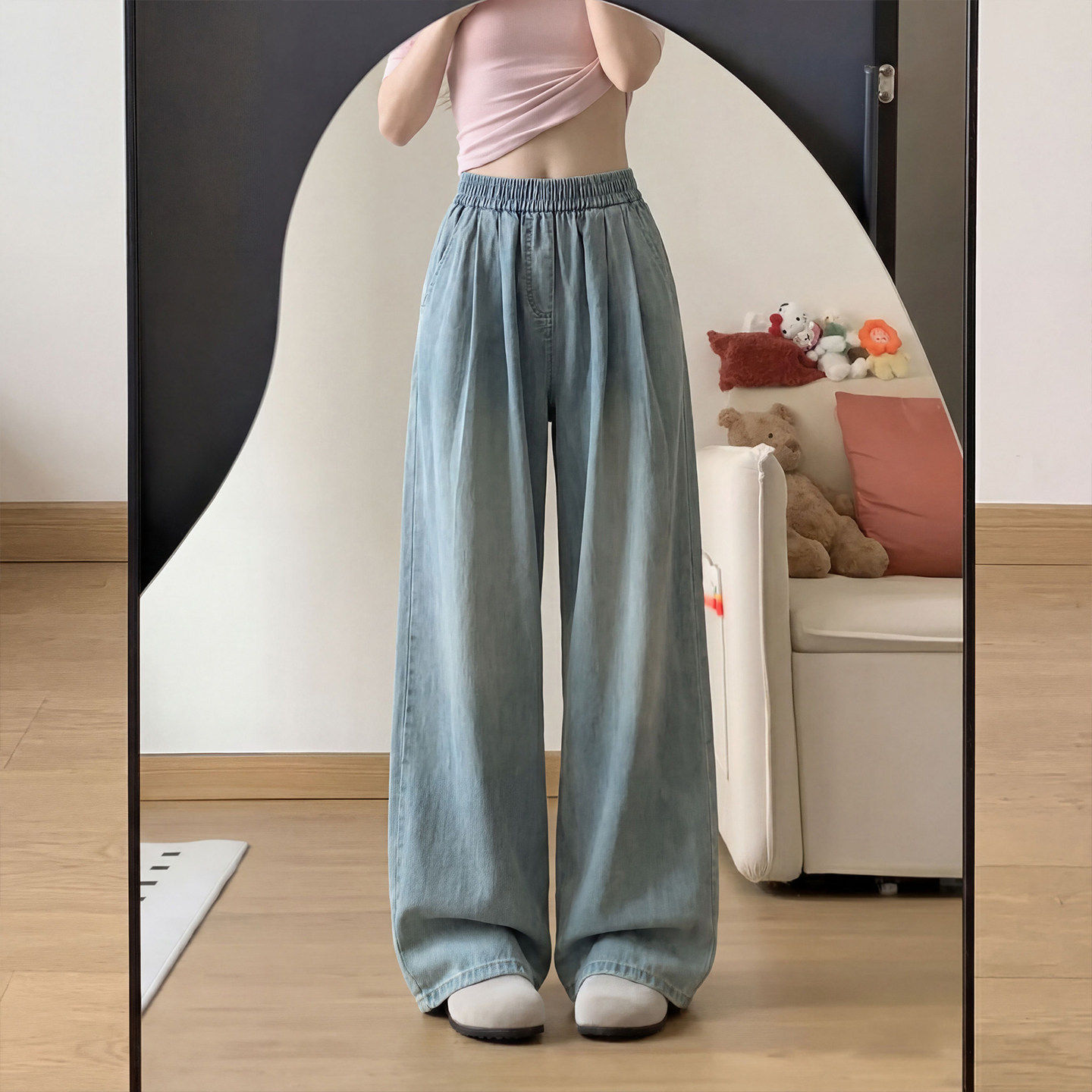 天丝牛仔裤女夏季薄款休闲直筒宽松窄版小个子松紧腰冰丝阔腿裤子