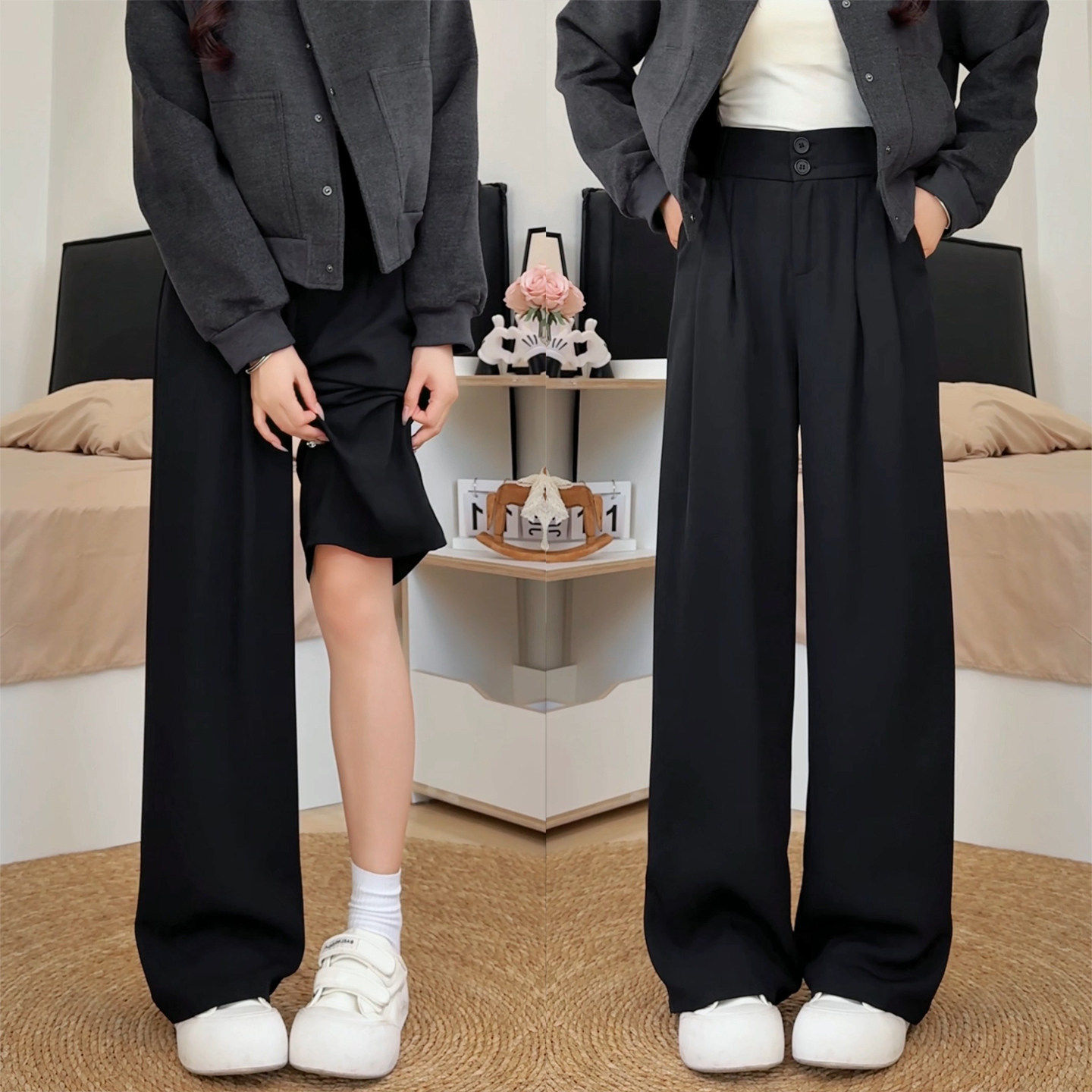 黑色西装裤女春秋季高腰垂感西裤休闲窄版直筒显瘦阔腿裤子
