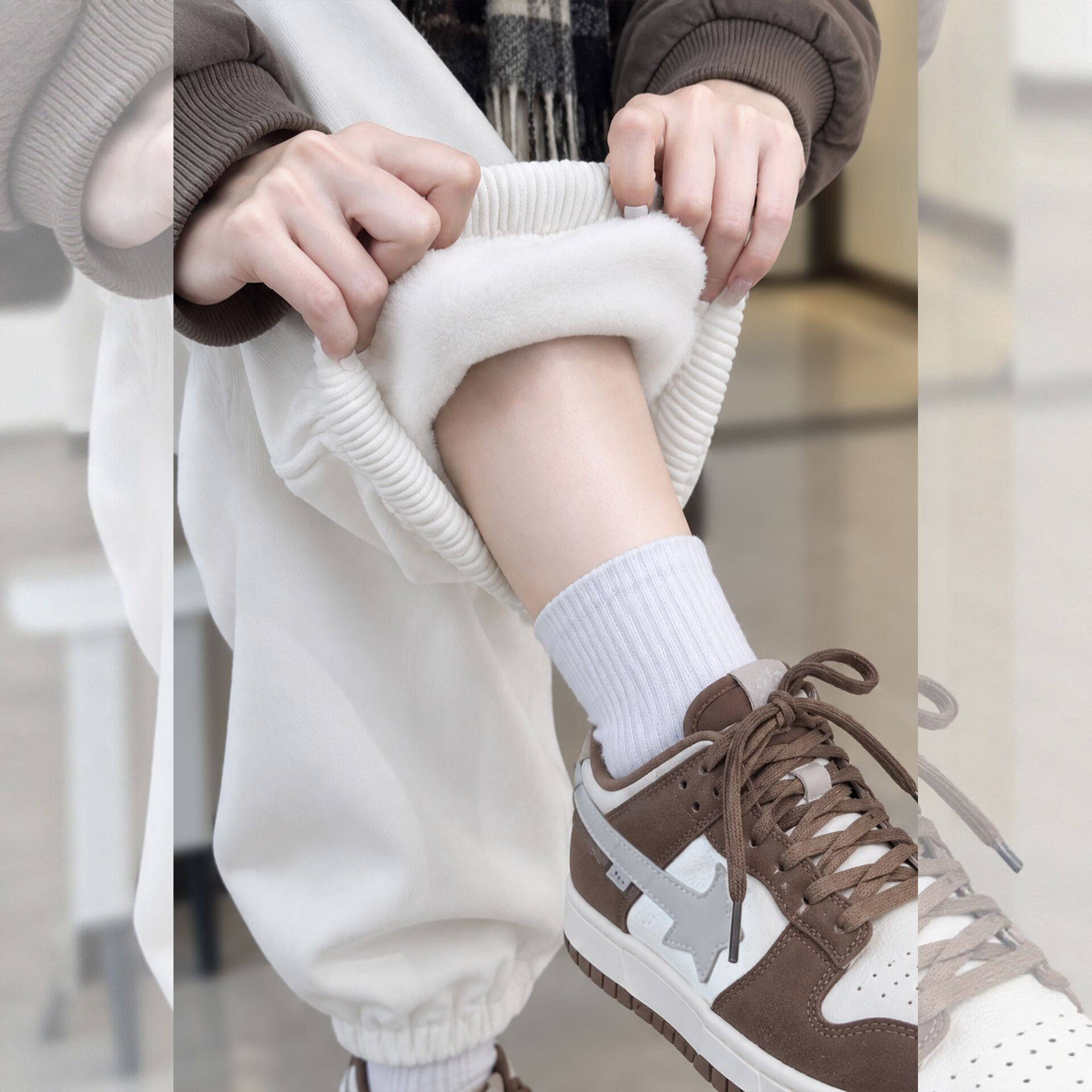 白色加绒束脚卫裤女秋季2026新款小个子加厚保暖棉裤休闲运动裤子
