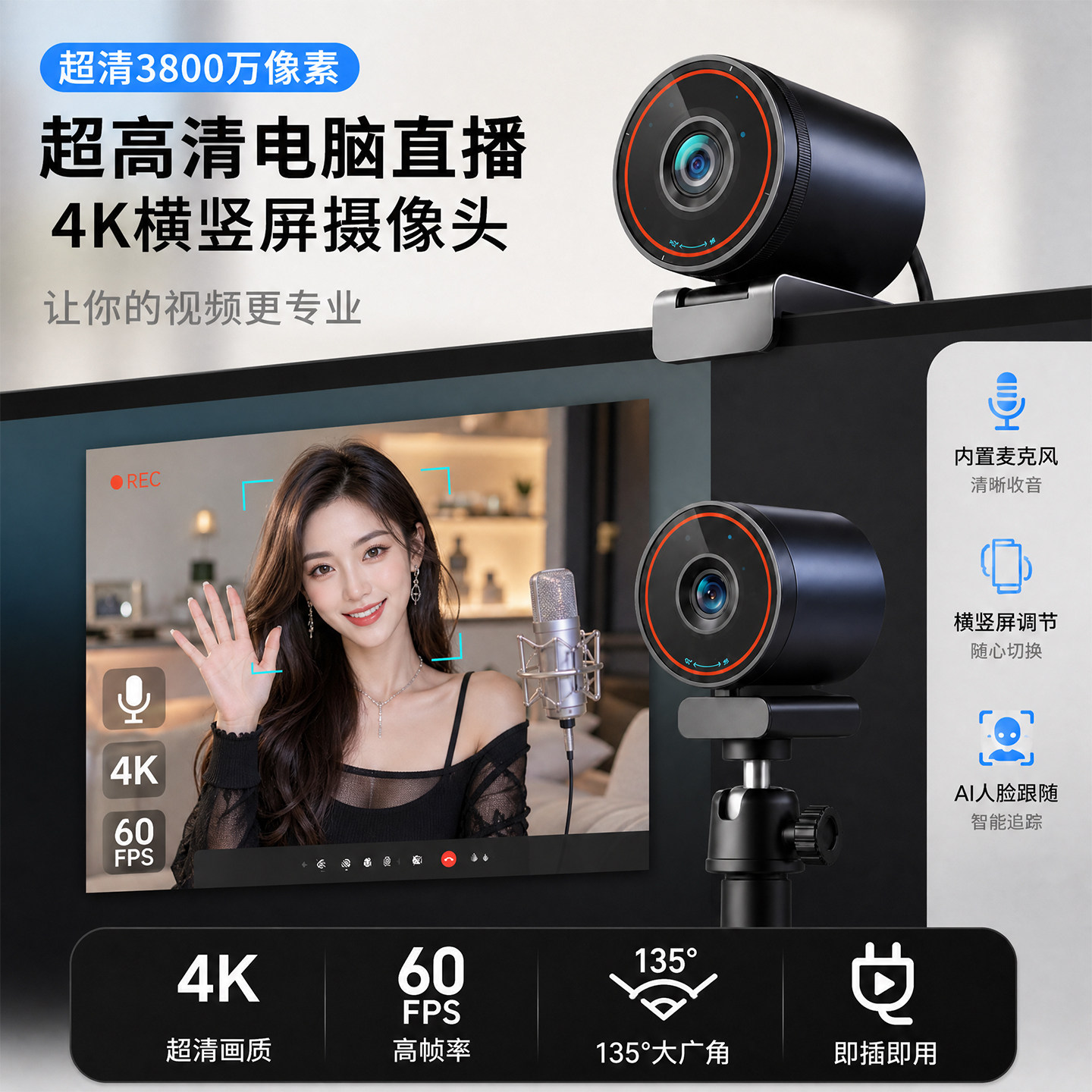 恒侨通电脑摄像头4K超高清usb教学会议直播美颜带麦克风台式家用