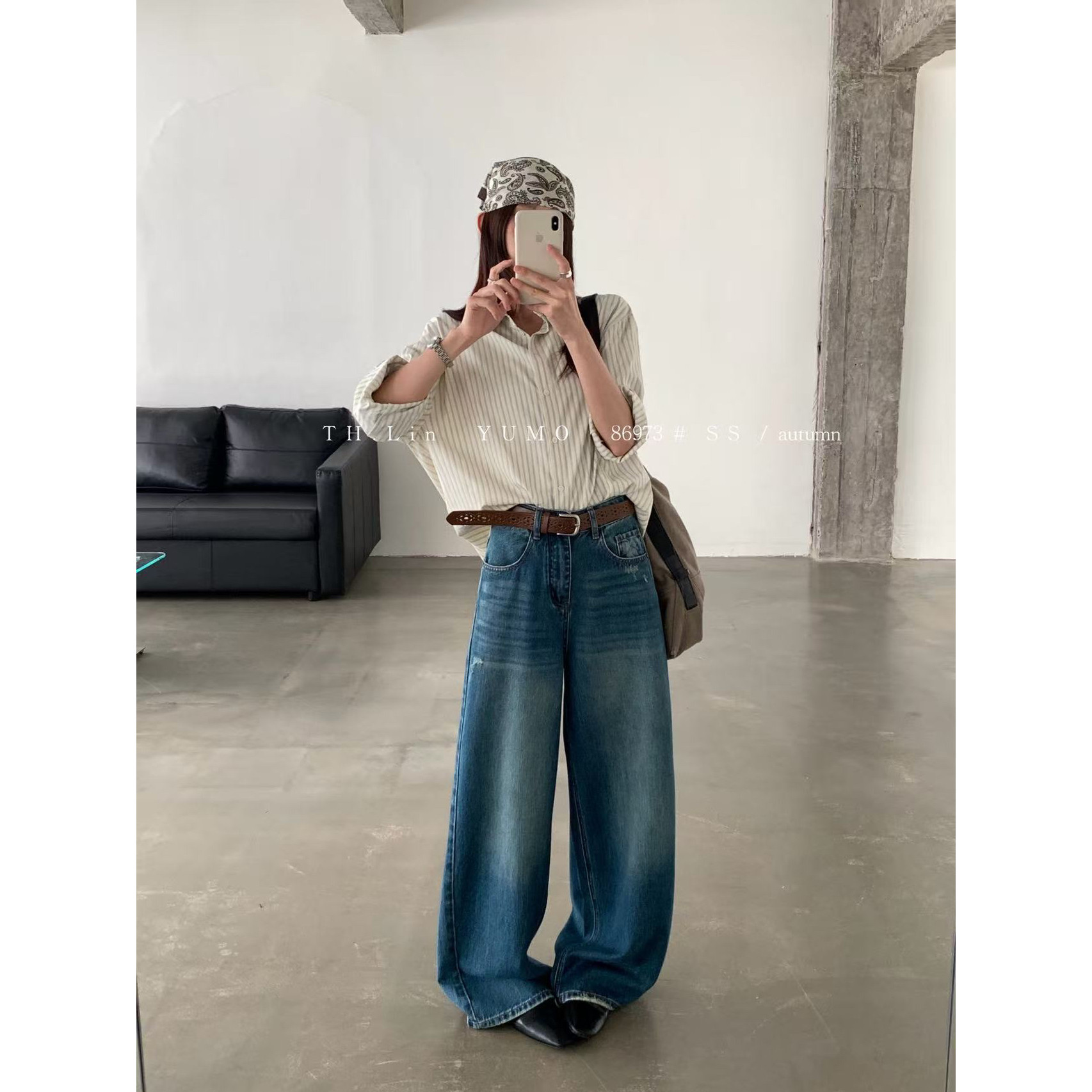 秋款原单面料时尚水洗激光雷高腰牛仔裤休闲裤棉阔腿裤女86973