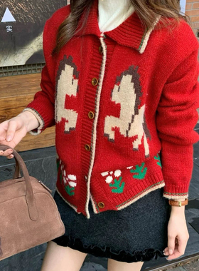 2026年新品复古提花小马时髦慵懒小衫宽松百搭厚实针织开衫A2137