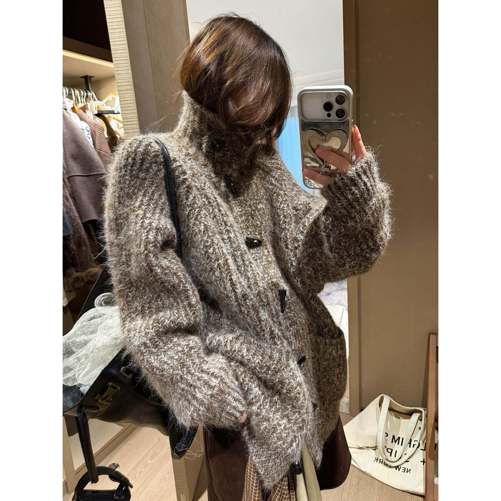 秋冬新款小衫慵懒风杂色高领宽松排扣开衫保暖毛衣8%羊毛衫8360