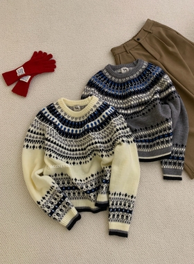 冬日复古记忆巴恩风提花随意慵懒针织衫费尔岛圆领温暖毛衣25860