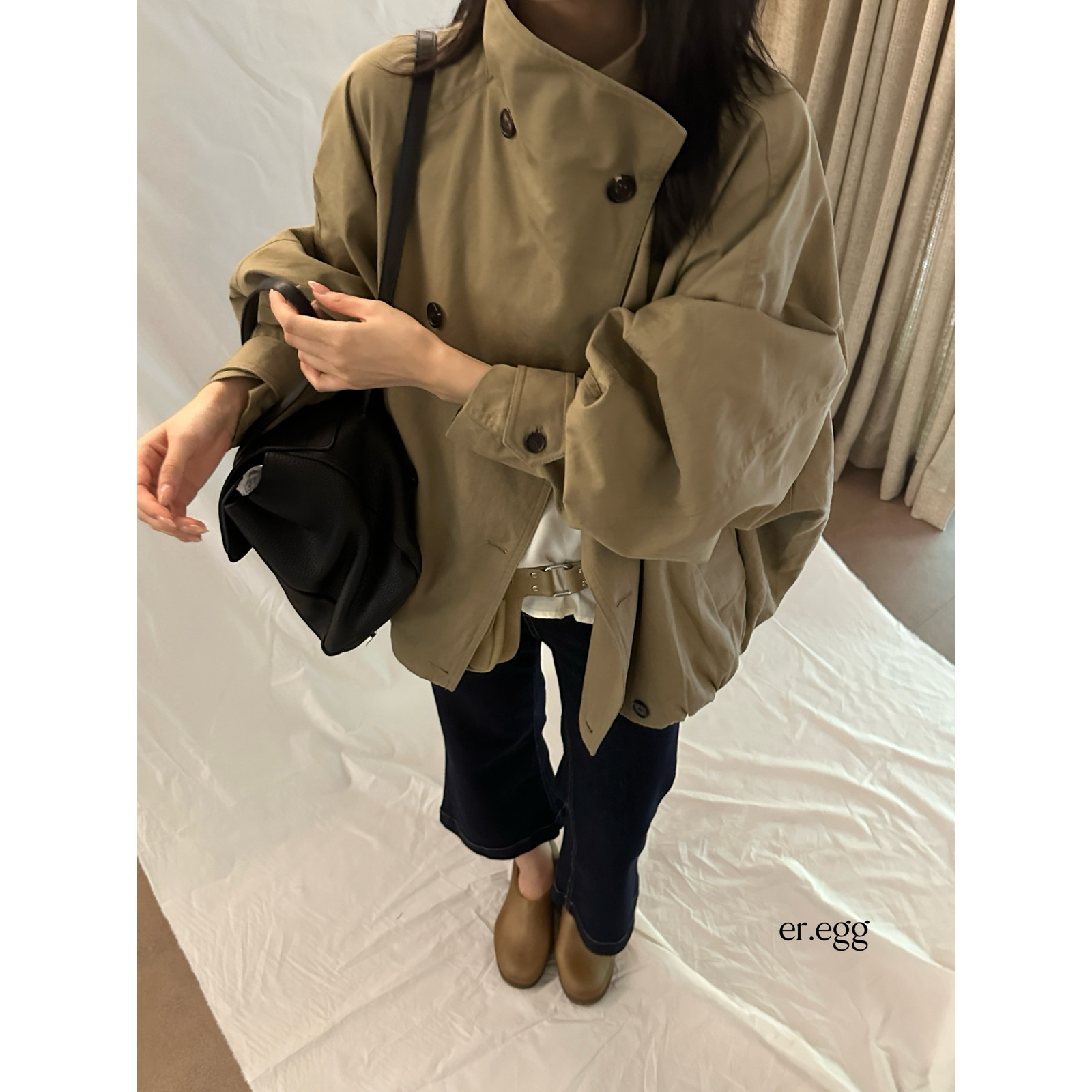 秋上新立领双排扣简约款收口袖休闲风衣显瘦修身短外套27099