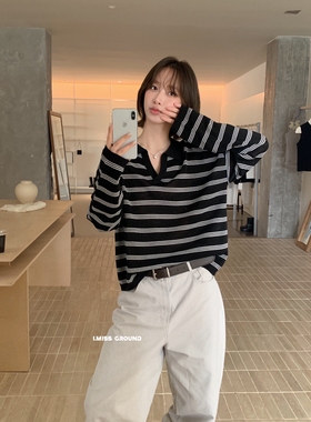 秋季新品经典条纹polo羊毛针织衫百搭上衣（含26%羊毛）  H01187