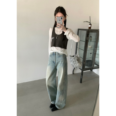 TABLE-做旧水洗窄版直筒韩版时尚牛仔长裤潮流百搭休闲牛仔裤1190